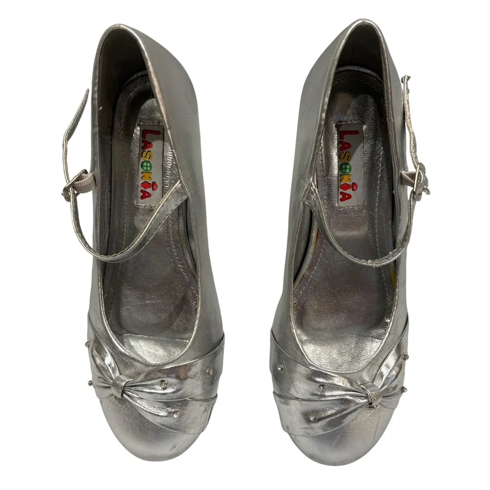 Lasonia Mary Jane Heels Girls Size 4 Silver Metallic Rhinestone Bow Dress Shoes